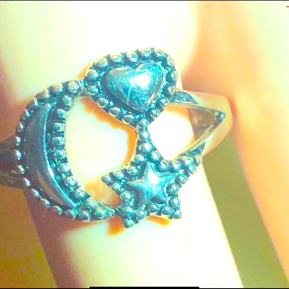 🌓Sterling Silver Beaded Heart, Moon, Star Pinky Ring! Size 4.75
